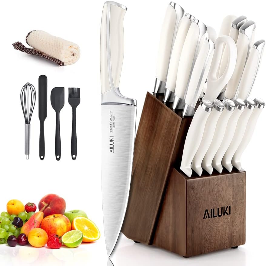 Knife Set,20 Piece Kitchen Knife Set with Block Wooden and Sharpener, Professional High Carbon German Stainless Steel Chef Knife Set, Ultra Sharp Full Tang Forged White Knives Set