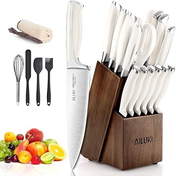 Knife Set,18 Piece Kitchen Knife Set with Block Wooden and Sharpener, Professional High Carbon German Stainless Steel Chef Knife Set, Ultra Sharp Full Tang Forged White Knives Set