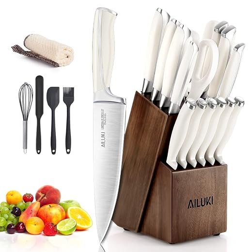 Knife Set,18 Piece Kitchen Knife Set with Block Wooden and Sharpener, Professional High Carbon German Stainless Steel Chef Knife Set, Ultra Sharp Full Tang Forged White Knives Set