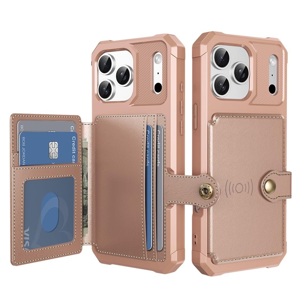 Generic Funda compatible con iPhone 15 (color: oro rosa), cartera lateral de piel, parte trasera dura de silicona dura