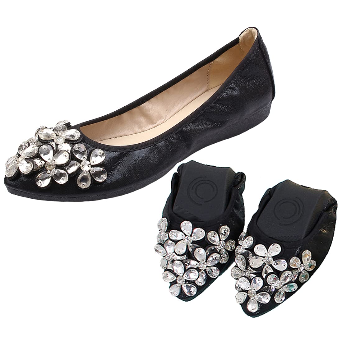 Womens Stylish Fold Up Ballet Flats, Ladies Cute and Sexy Pumps Roll up Shoes Foldable Ballet Flats with Rhinestone, Portable Girls Slip On Loafers