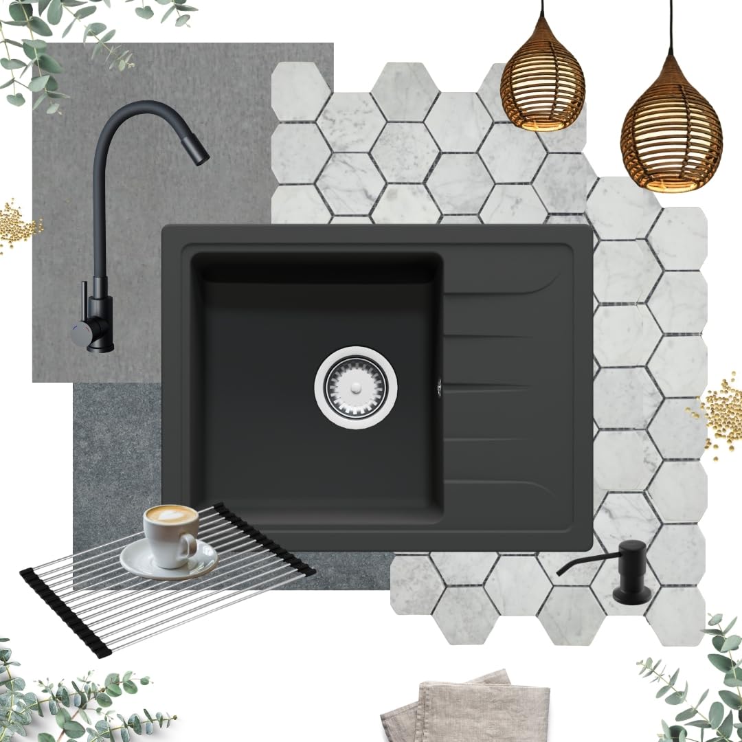 GRANMASTER Gracia Granitspülbecken Komplett-Set, Flexiblen Wasserhahn, Siphon, Seifenspender und Rollmata – 1-komoriger Spülbecken, kratzfest, hitzebeständig, modernes Design für die Küche