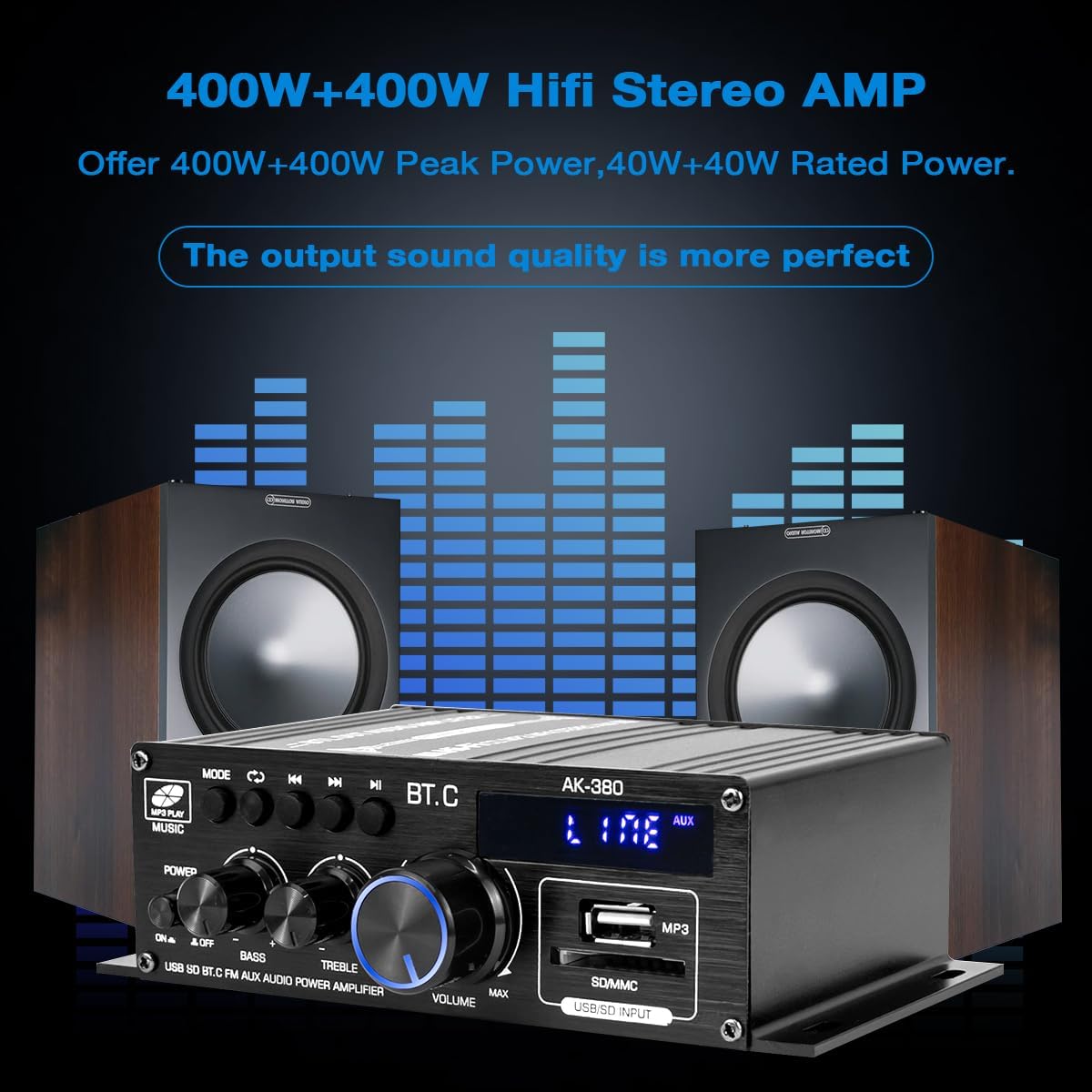 Hosyond Bluetooth 5.0 Audio Amplifier 400W+400W 2.0 CH AMP HiFi Stereo Treble Bass Audio Receiver for Passive Speakers Theater System AK-380
