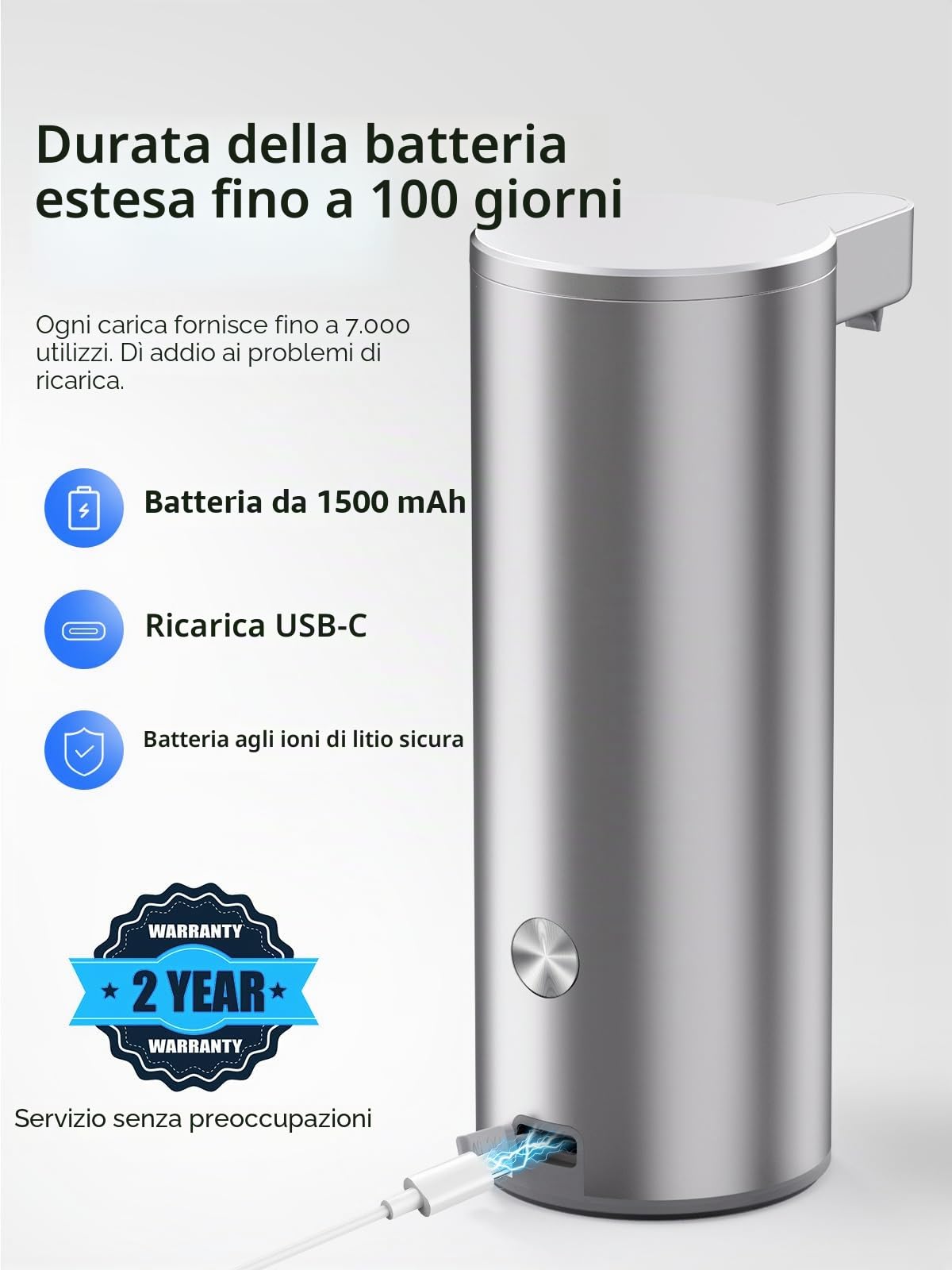 Dispenser Sapone Automatico Acciaio Inossidabile: 3 Modalità Rapido Sensore | Pompa Anti-Otturazione, Sistema Antigoccia, Impermeabile, USB Ricaricabile, per Bagno Cucina Lavaggio Mani e Stoviglie