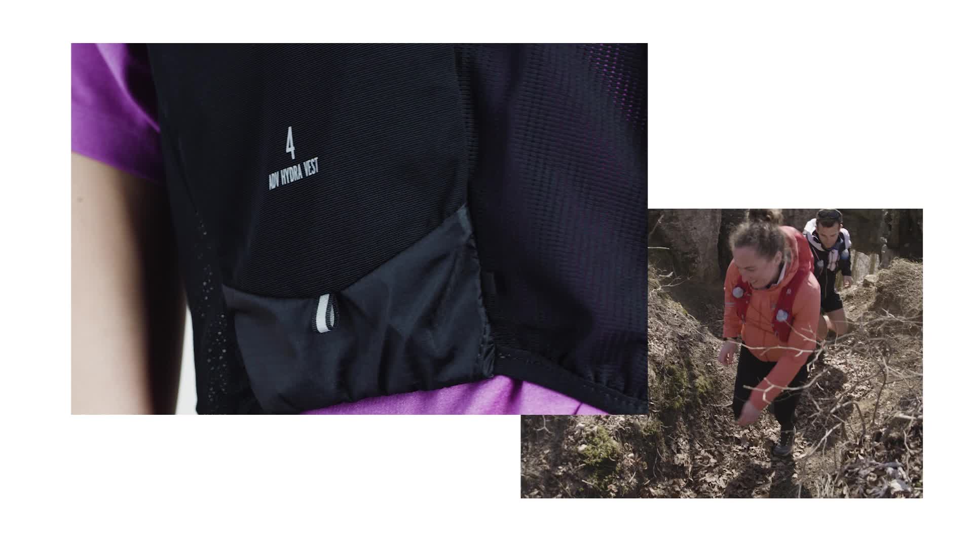 Mujer usando el chaleco de hidratación Salomon Adv Hydra Vest 4 mientras camina en el campo