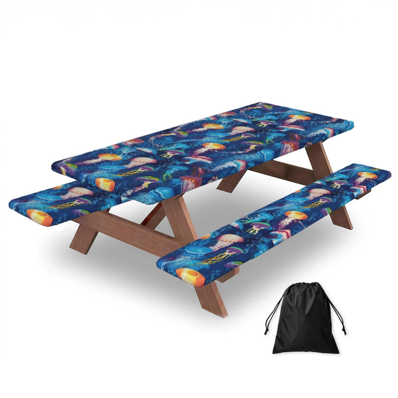 Yqxwjl Black Colored Jellyfish Print Camping Essentials Waterproof Camping Table And Bench Cover With Drawstring Bag 183 Cm