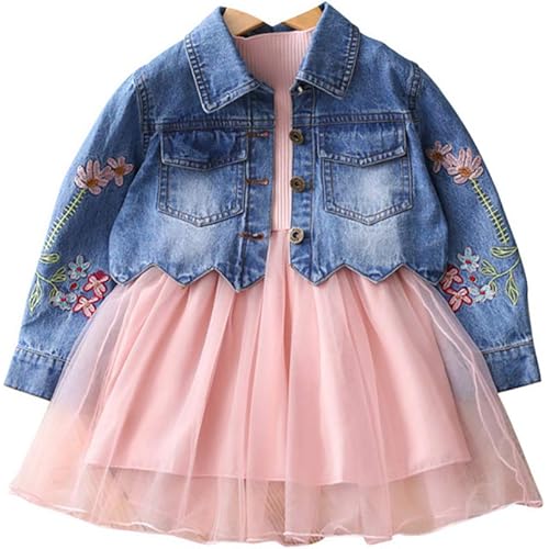 Spring Autumn Little Girls Clothing Set Child Kids Denim Jacket and Long Sleeve Dress 2 Pieces Set
