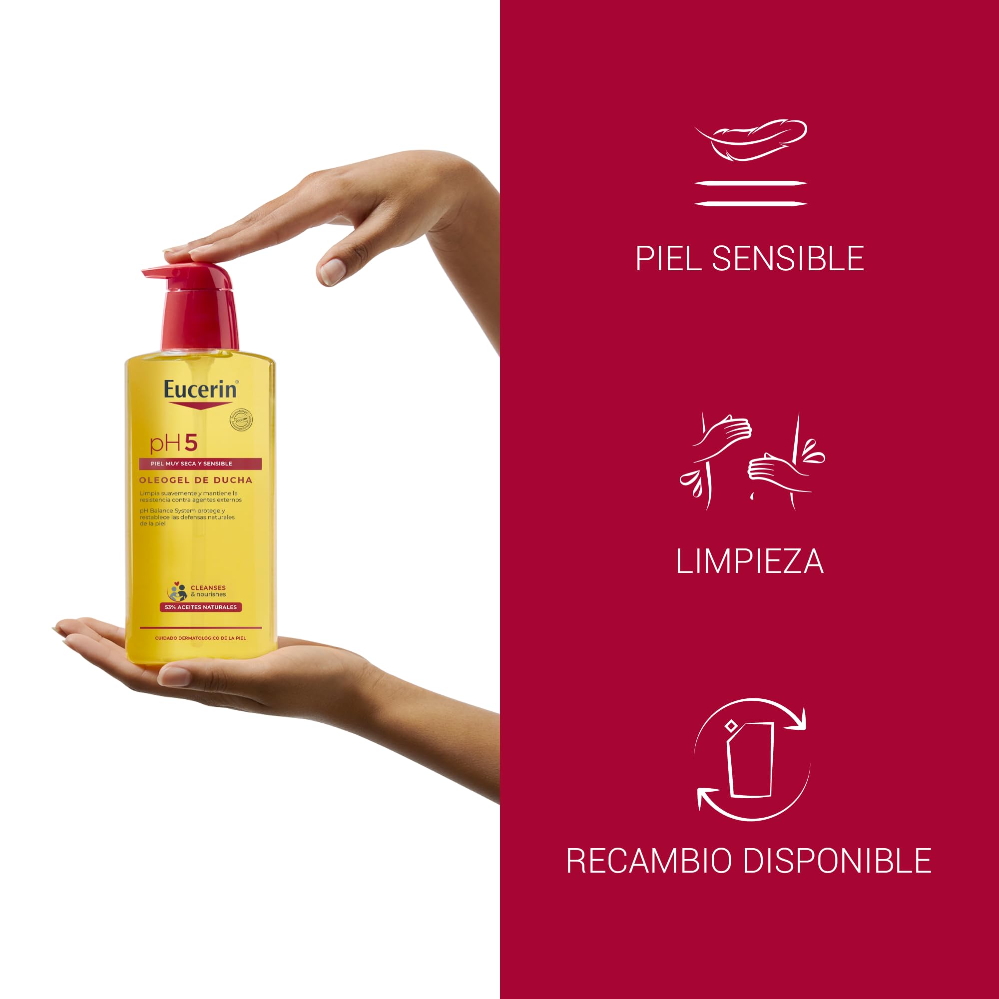 Eucerin pH5 Oleogel de ducha (400 ml), aceite limpiador corporal con aceites naturales para una limpieza diaria suave y nutritiva, aceite para ducha para toda la familia, piel seca y sensible