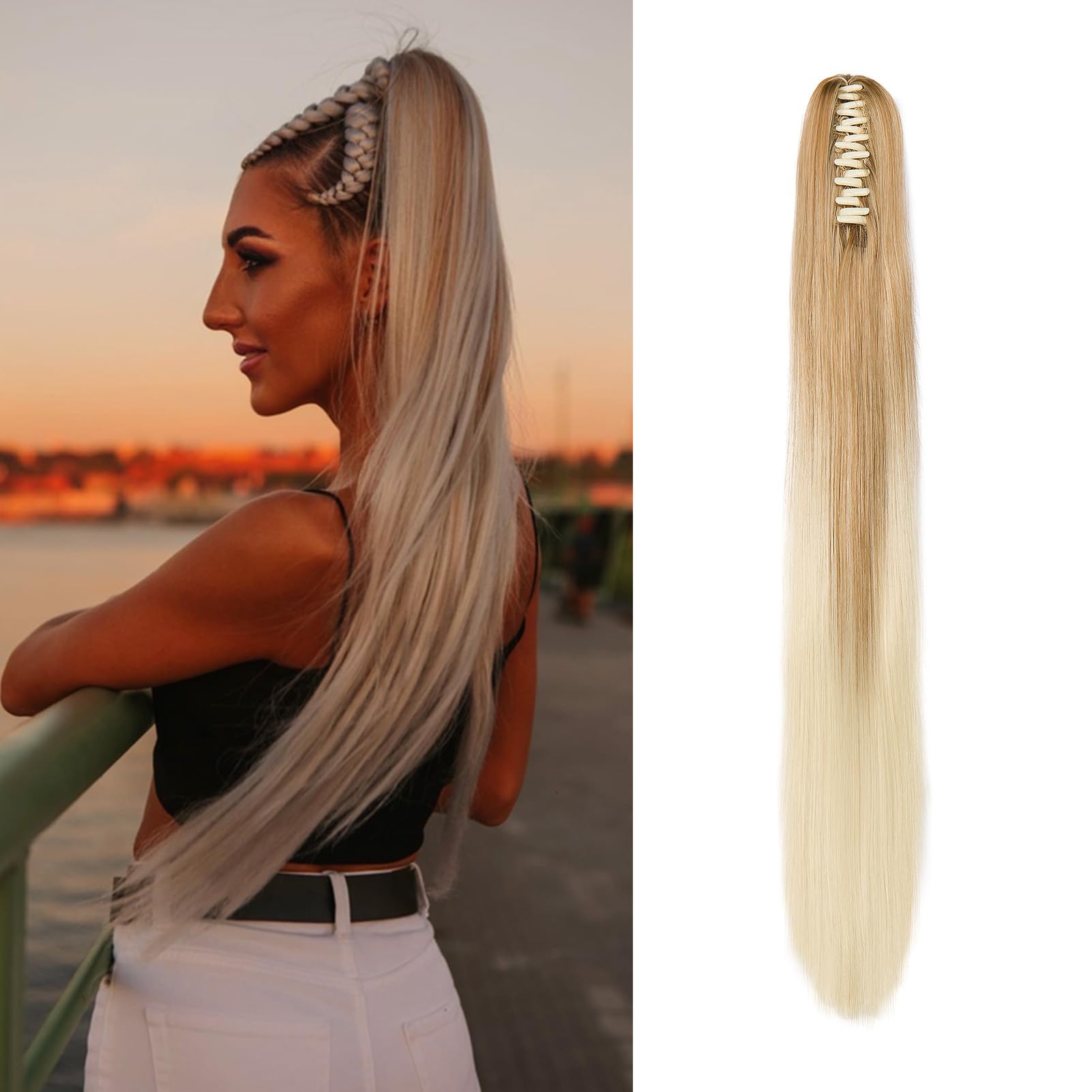 Dcbaboo 22inch Claw Clip in Ponytail Hair Extensions Long Straight Ponytail Extension Synthetic Pony tails Natural Wave One Piece Hairpiece Fake Ponytail for Women Dark Blonde Ombre Bleach Blonde