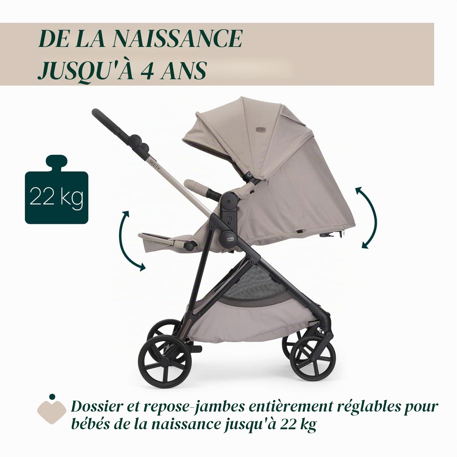 Chicco Poussette Seety, Poussette Légère et Compacte de 0 Mois à 4 Ans, Charge Max 22 kg, Poussette Pliable, Dossier Inclinable, Fermeture Automatique en 1 Geste, Canopy Pare-soleil et Habillage Pluie