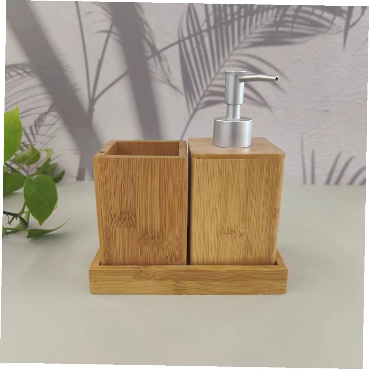 COLLBATH Juego de Accesorios para Baño Material Natural para Mantener el Baño Ordenado y Elegante de Bambú Dispensador de Jabón y Vaso para Cepillo de Dientes