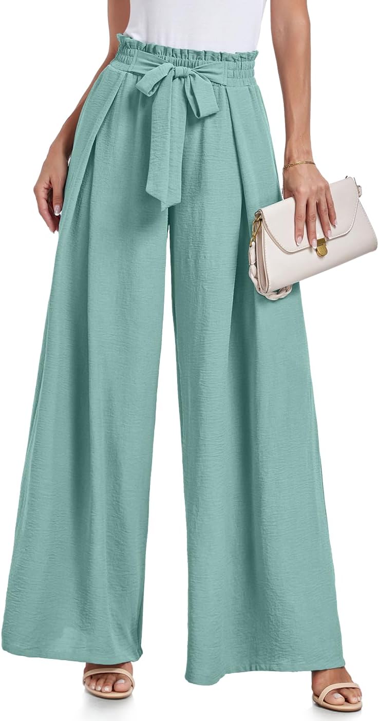 Lepunuo Wide Leg Pants for Women High Waisted Palazzo Pants Work Casual Flowy Tie Knot Trousers with Pockets