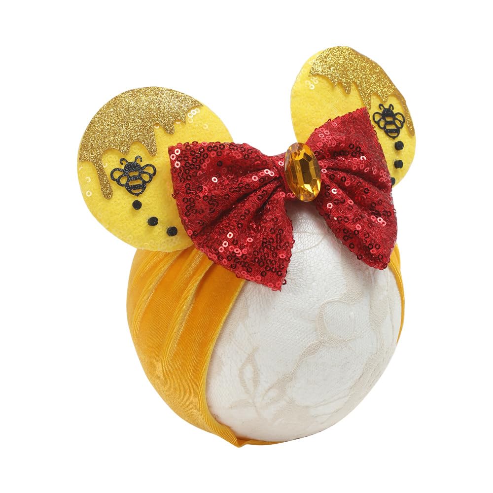 JIAHANG Baby Girl Mouse Ears Turban Headband with Bee, Yellow Sequin Bows Headwrap, Wide Hairband for Newborn Infant Toddler, Fashion Headwear Party Supplies