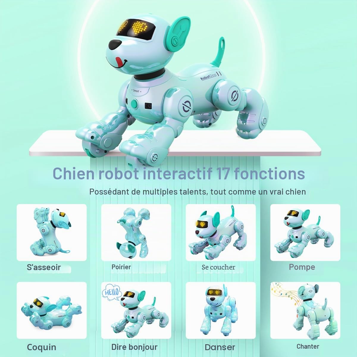 VATOS Chien Robot Rechargeable pour Enfants, Chien Robotisé Télécommandé, Programmable, 17 Fonctions Interactives et Volume Réglable, Jouet Robot Chiot Chantant et Dansant Cadeau pour Enfants, Blue