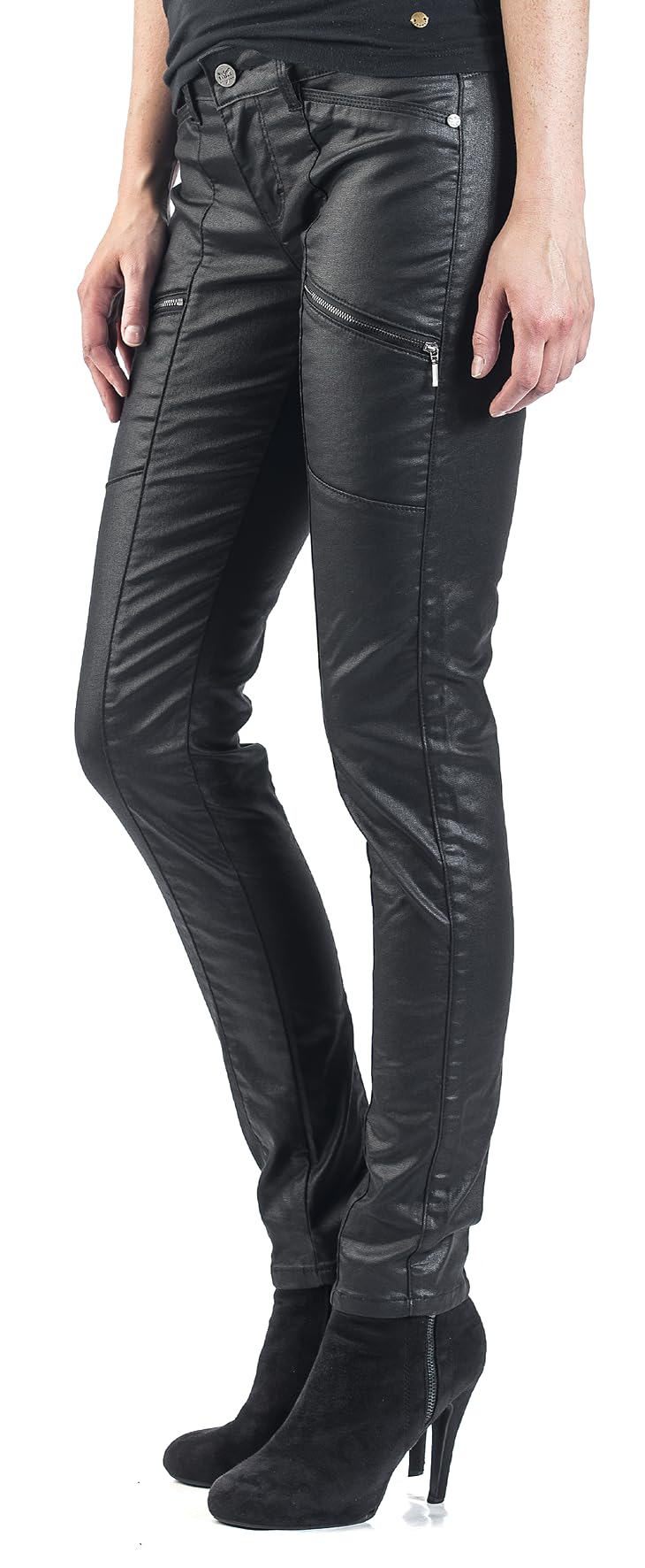 Black Premium by EMP Mujer Pantalón Negro con Aspecto de Cuero