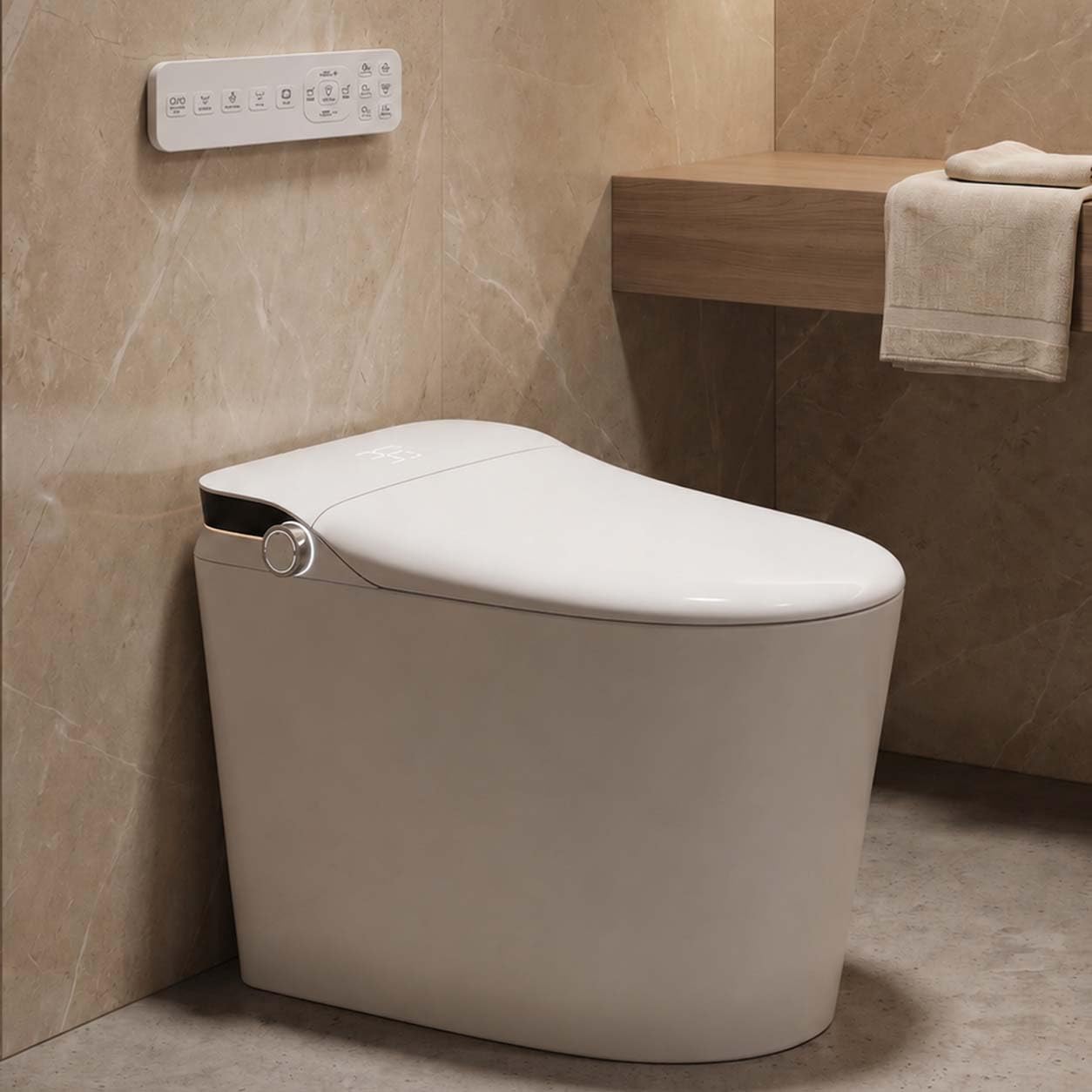 smart toilet with bidet built in, heated seat, auto flush & warm air dryer, elongated chair height bidet toilet with night light, led temp display & remote control, modern bathroom toilet