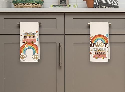 QODUNG Groovy Retro Bus Peace Sign Daisy Rainbow - Juego de 2 paños de cocina suaves de 16 x 24 pulgadas, juego de 2 paños de secado Groovy para