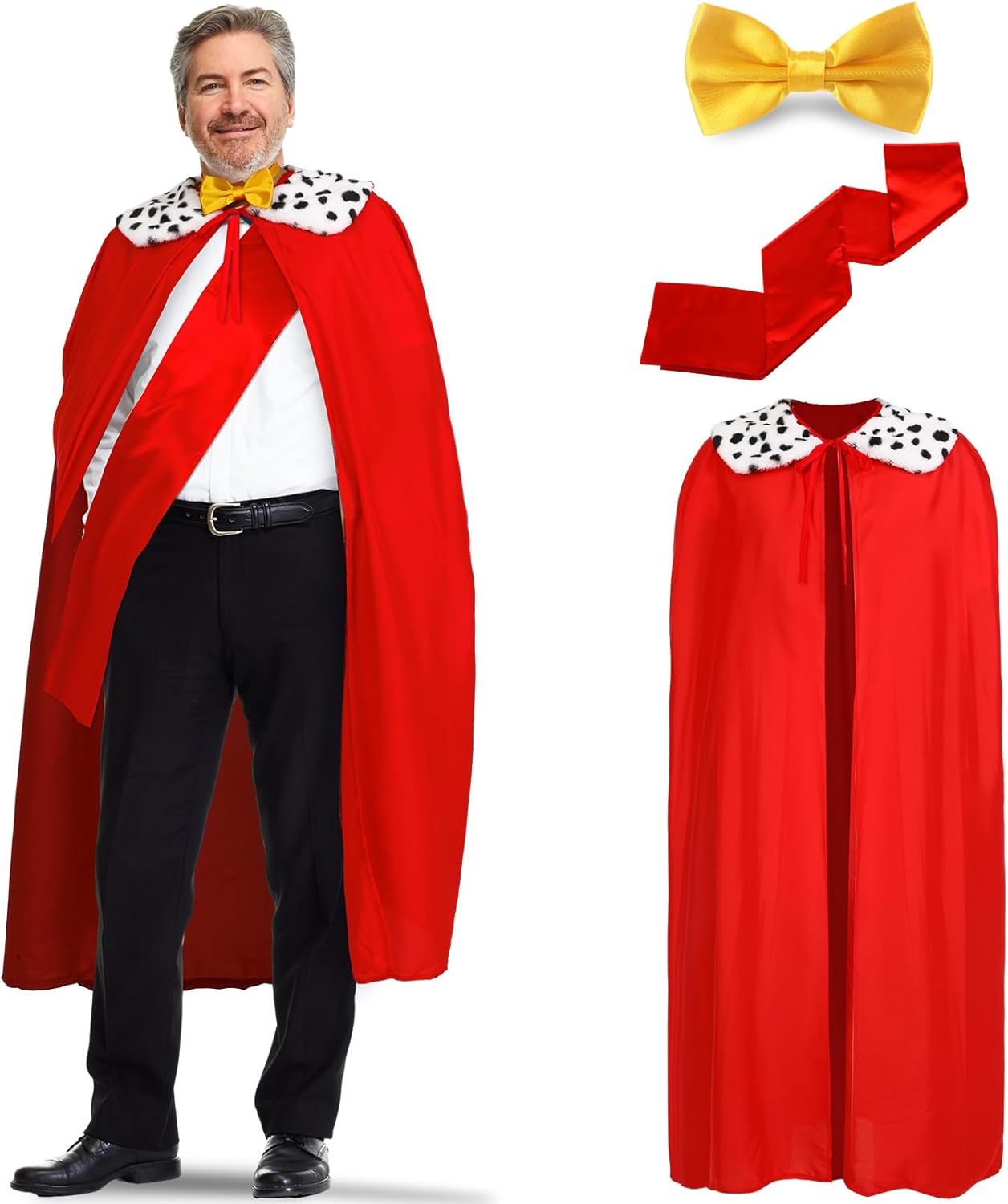 Mepase Christmas Adult Mayor Cosplay Costume Set Red Robe King Queen Cape Red Cloak Yellow Bow Tie and Red Sashes for Christmas Halloween Costume Party Accessory