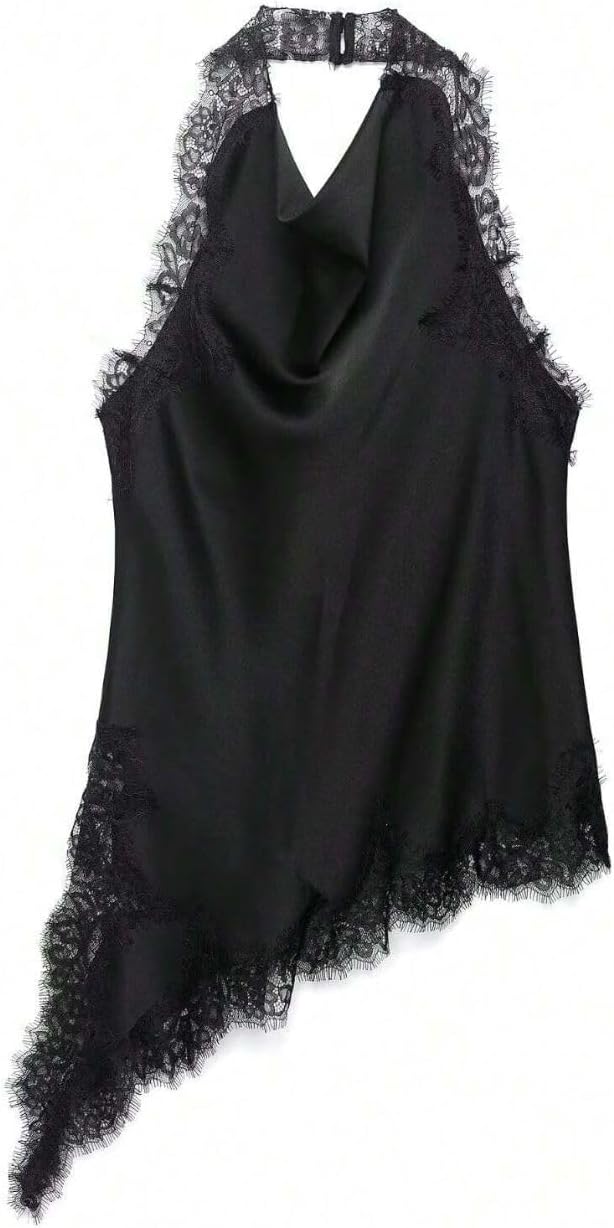 Verdusa Women's Lace Asymmetrical Halter Tops Satin Flowy Cowl Neck High Low Top Going Out Outfits - Image 7