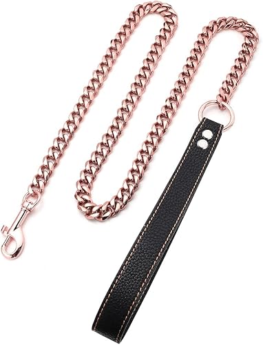 Miniatura 3 de Correa de perro de oro rosa de 0.59 pulgadas, cadena de eslabones cubanos de acero inoxidable duradero con mango de cuero para perros pequeños,