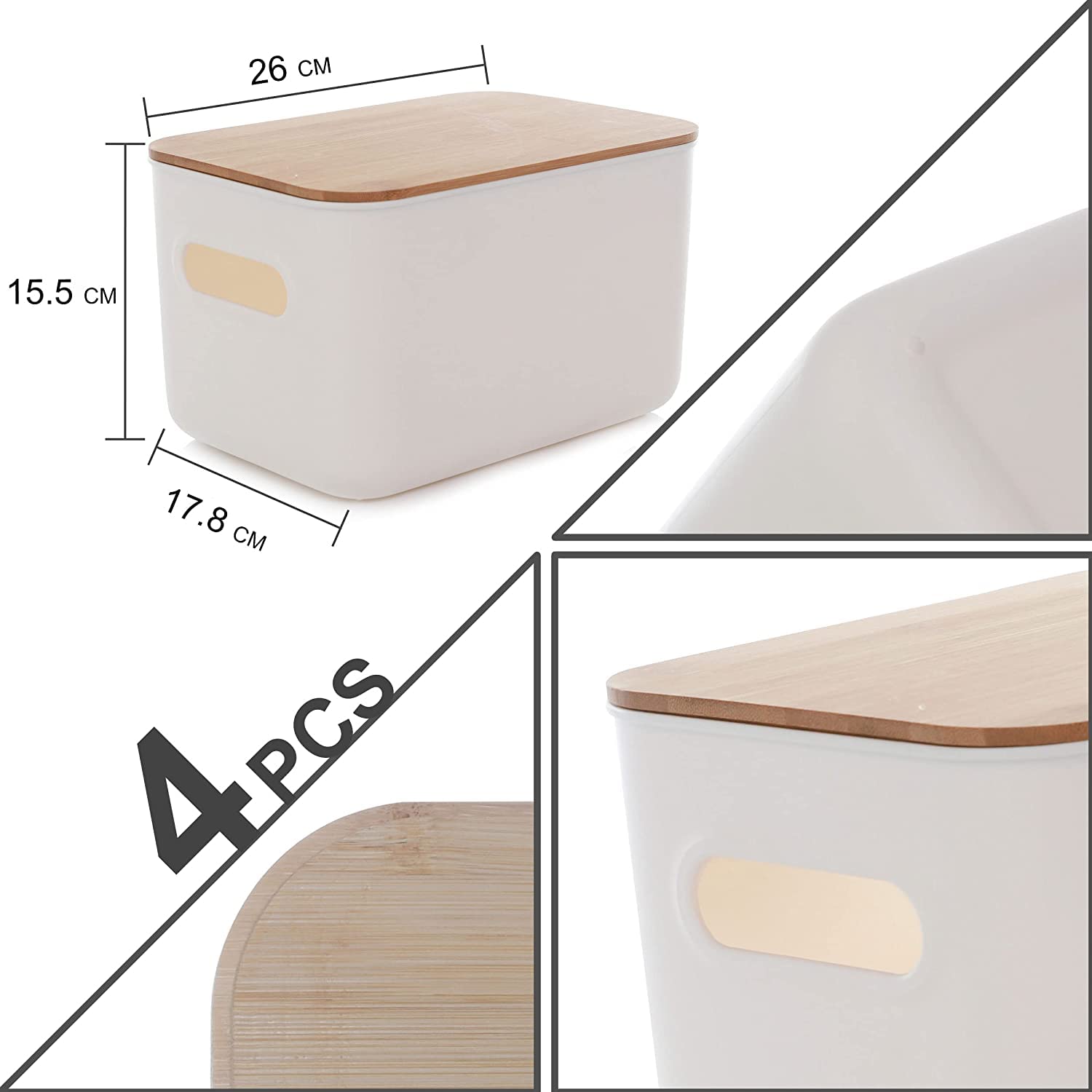 4 PCS Aufbewahrungsbox mit Bambus Deckel Aufbewahrungsboxen Kunststoff Stapelbare Kleine Aufbewahrungsbox mit Griffen für Küche Schlafzimmer 26 * 17.8 * 15.5cm, 6.5L