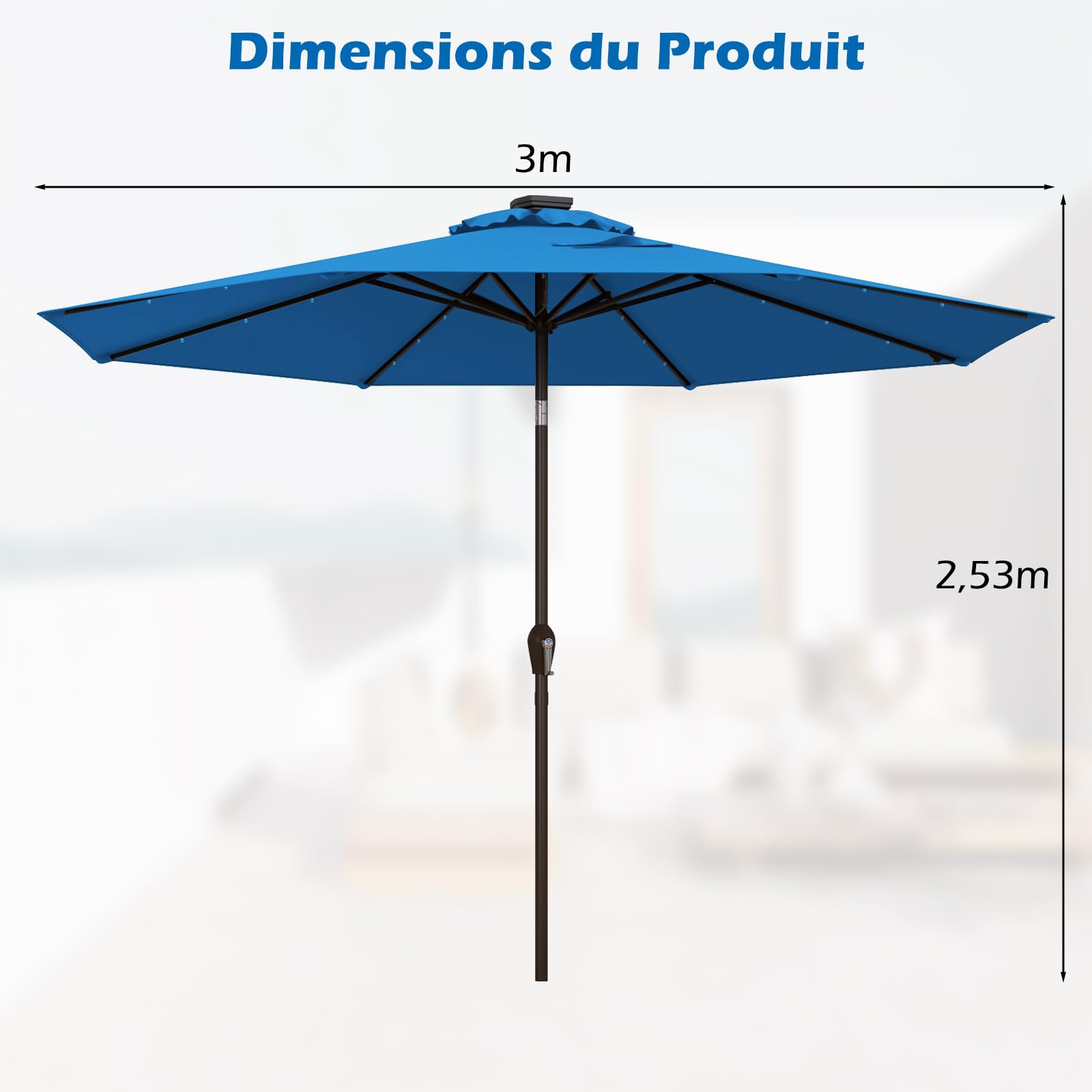 COSTWAY Parasol de Jardin Extérieur Ø 300 CM, Lumineux Solaire avec 24 LED, Inclinable avec 8 Baleines Métalliques Robustes, pour Balcon Jardin Terrasse (Bleu Clair)