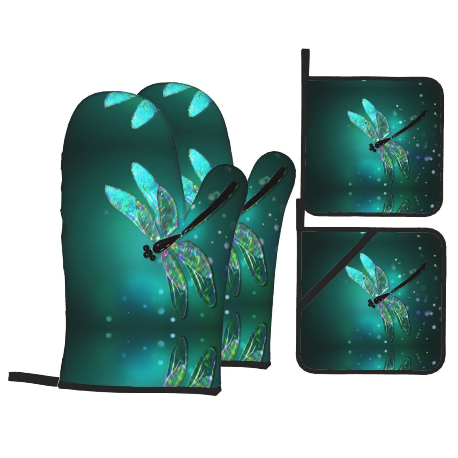Galaxy Animal Dragonfly Oven Mitt and Pot Holder 4-Piece Set for Kitchen, Outdoor Grill, Baking