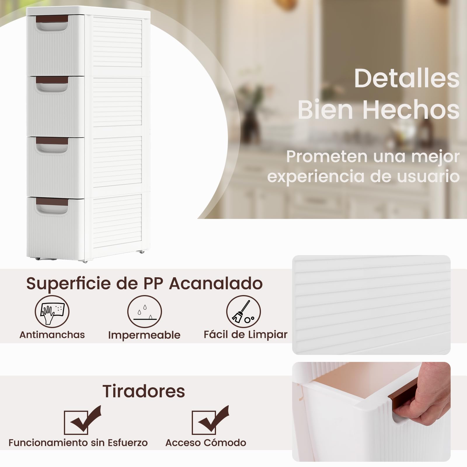 GIANTEX Cajonera Estrecha con Ruedas con 4 Cajones, Mueble de Almacenamiento de Plástico para Espacios Pequeños, Organizador para Baño, Dormitorio, Salón (42 x 19 x 74 cm)