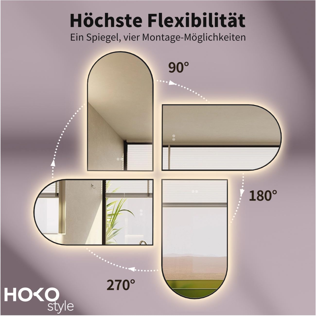 HOKO Antibeschlag LED Bogenspiegel 60x100 cm / 100x60 cm Fontana mit Schwarzer Metallrahmen, HOCH+QUER Montage. Arch Badspiegel+Touch Schalter+Licht Wechsel 2700-6500K, Warmweiß-Kaltweiß-Neutral