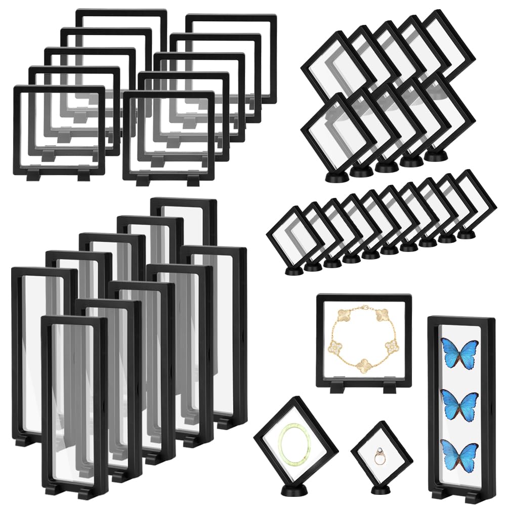 RETON 40 Pack 3D Floating Frame Display Case with Bases, Challenge Coin Display Holder Stands, Large Suspension PE Transparent Jewelry Storage Boxes for Medallions Specimen Stamps