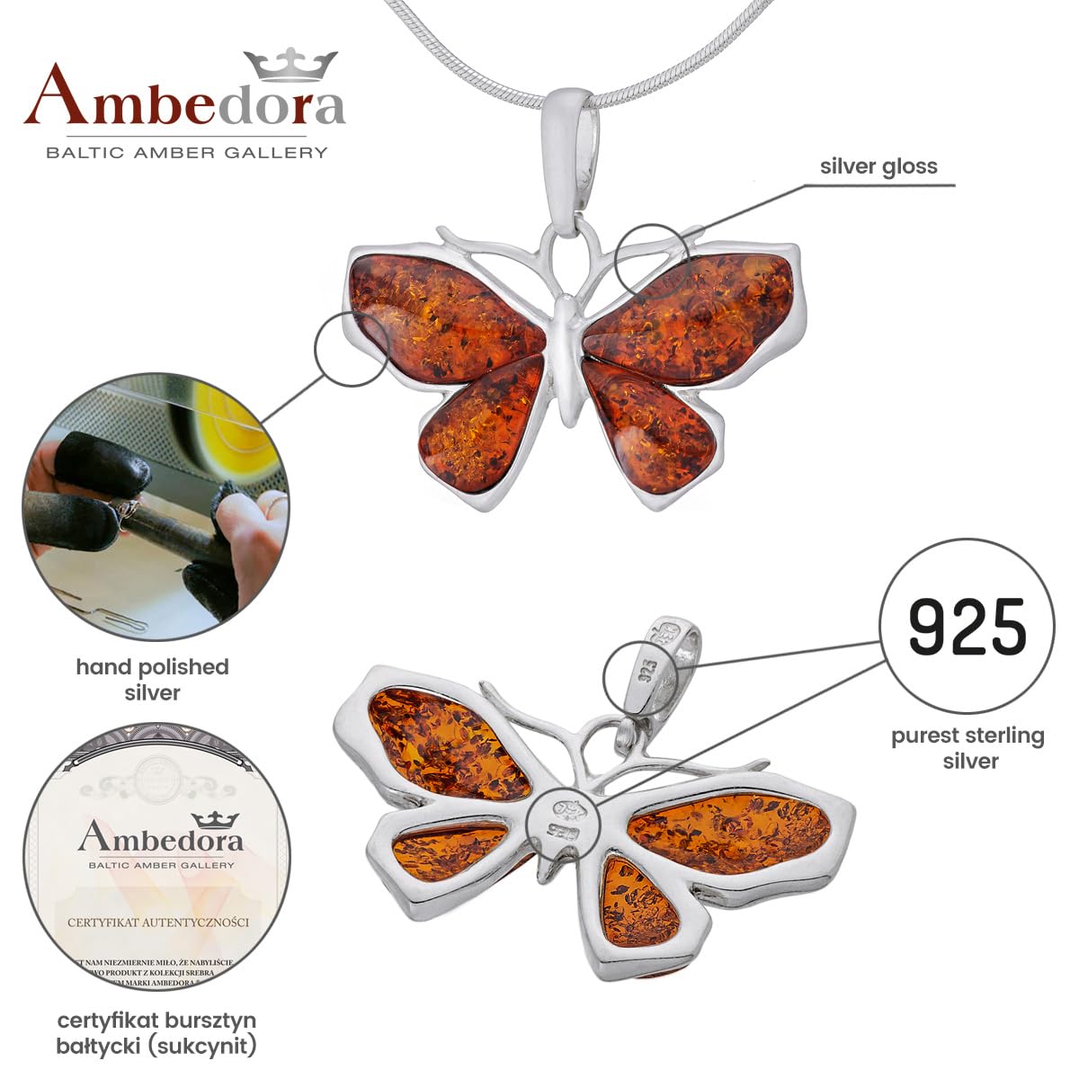 Collar Mujer Pequeña Mariposa I, Plata de Ley Pulida, Ámbar Báltico en Color Coñac, Colgante Mariposa de Plata con Cadena