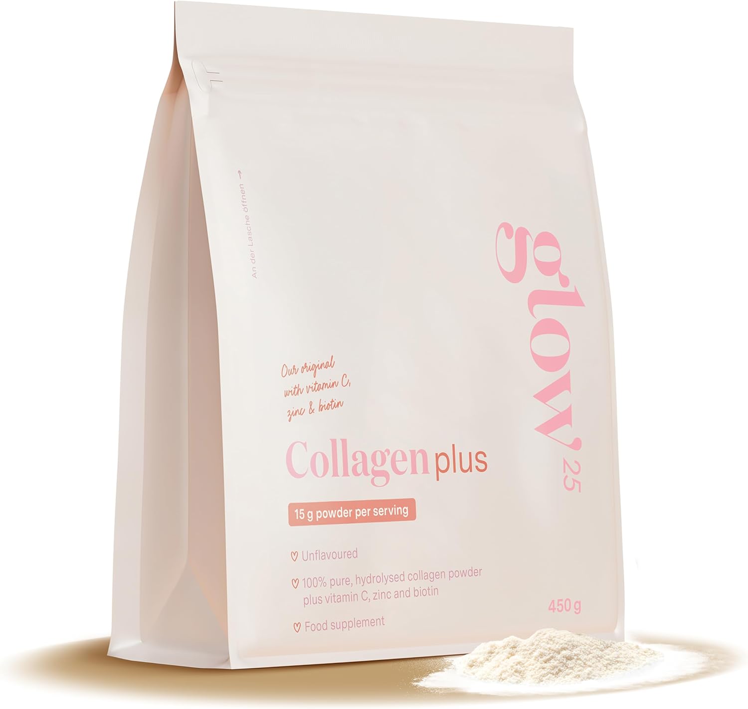 Collagen Plus [450g] – Glow25 – with Vitamin C, Zinc and Biotin – Premium Collagen Hydrolysate – Type 1 & 3 Peptides – High Solubility