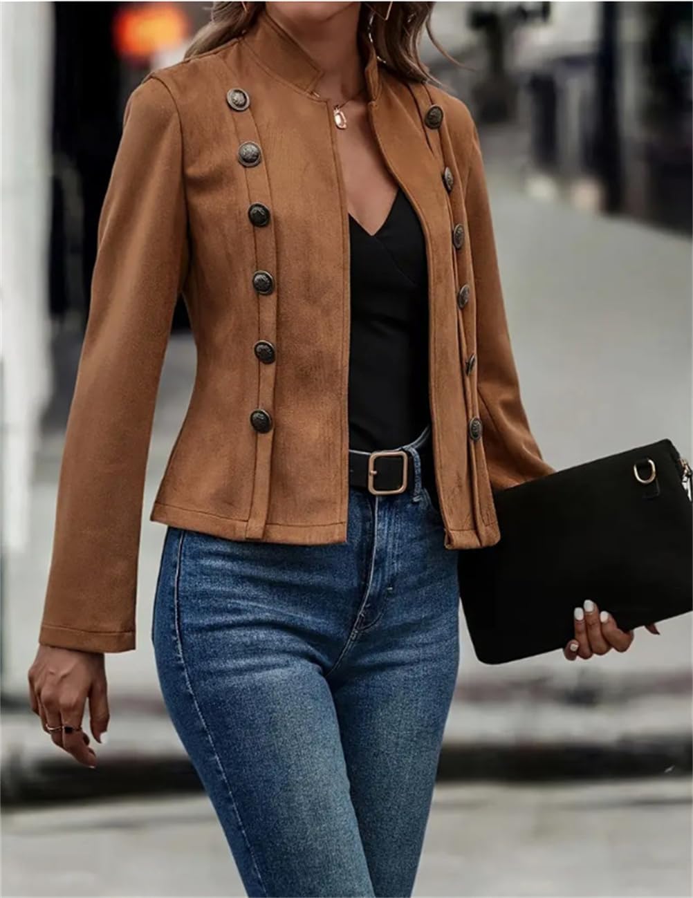 Damenjacke aus Wildlederimitat, vorne offen, zweireihig, langärmelig, hellbraune Jacke für Damen