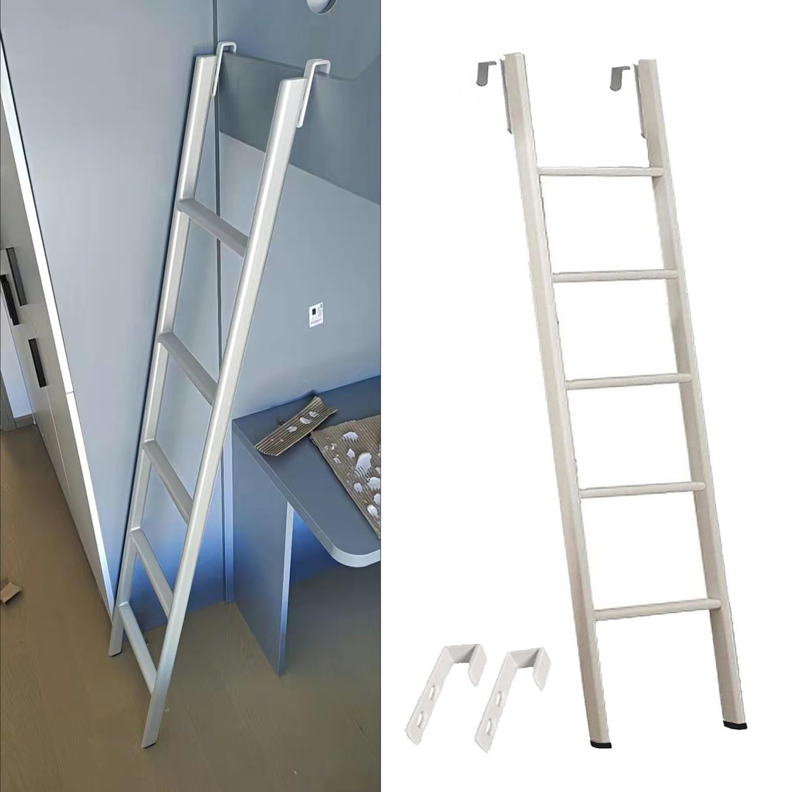 Cmyun One Color Twin Bunk Bed Ladder With Wide Tread ＆ Hook, Home Dorm Loft Attic Rv Bunk Ladder, Space Saving Kid Climb Ladder, Camper Bed Side Ladder Only(155Cm/61)