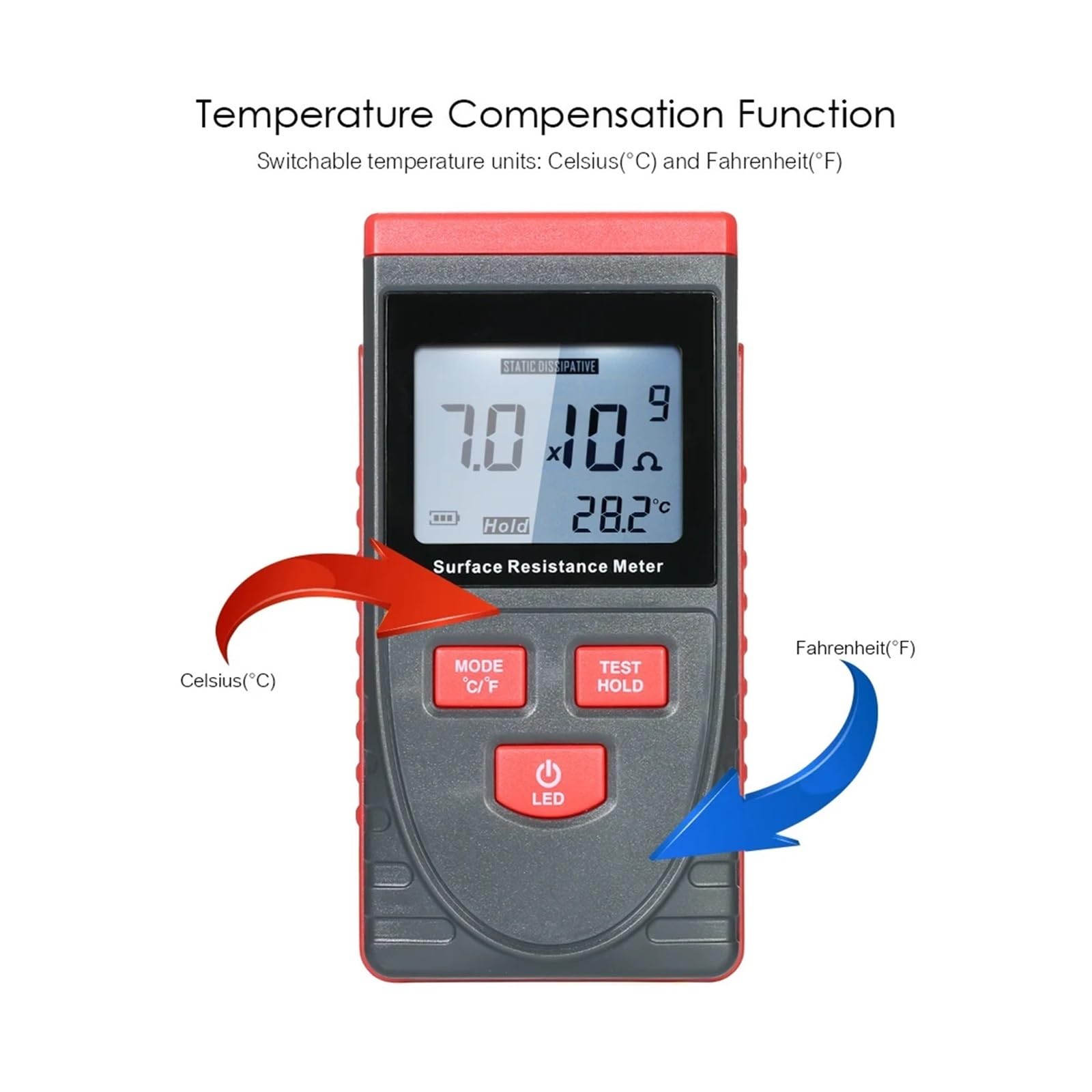 Medidores de Resistencia, Medidor de resistencia superficie portátil con pantalla LCD, medición temperatura, almacenamiento datos, comprobador aislamiento antiestático