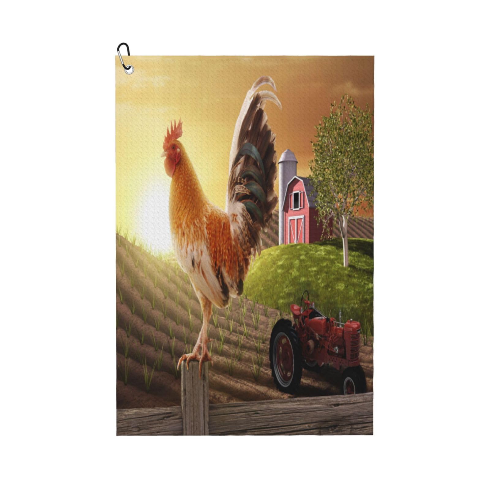 AOOEDM Country Farm Morning Rooster Print Golf Towel with Carabiner Clip Absorbent Microfiber Golf Towel for Cleaning Golf Ball Club Putter Iron for Golf Bag Trolly Belt Loop 16" X 24"