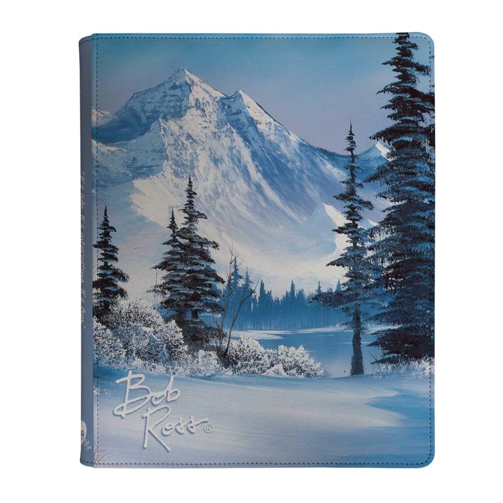 Ultra PRO - Carpeta profesional de 9 bolsillos con cremallera de Bob Ross Winter Paradise, organizador de coleccionista de tarjetas coleccionables Bob Ross Merch, carpeta de piel sintética de