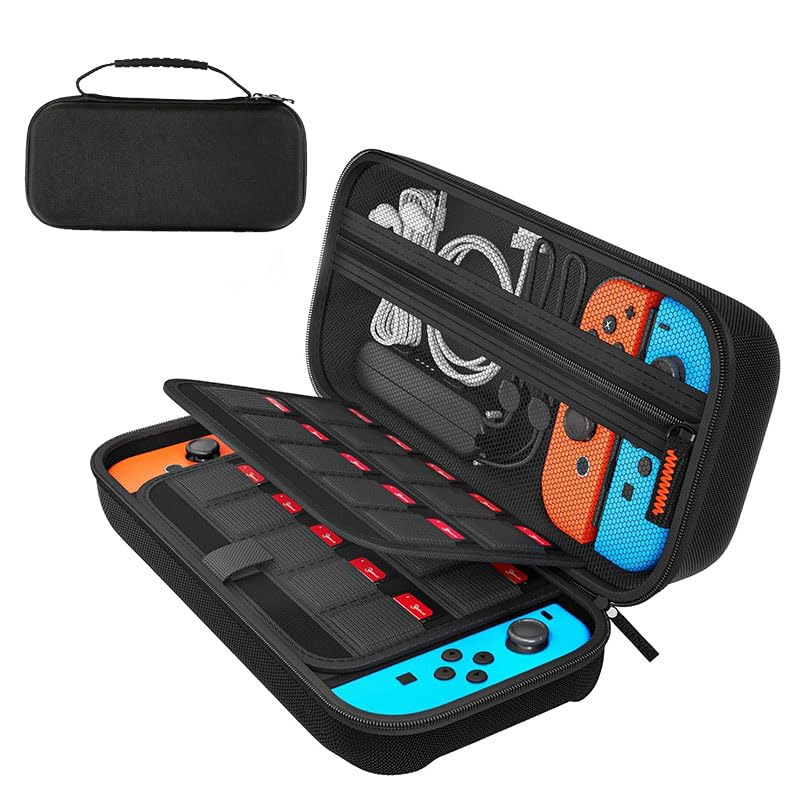 Carrying Case Compatible for Nintendo Switch, Hard Shell Storage Organizer for Console Accessories, 20 Game Slots and Mesh Pocket for Travel Home Use, Black