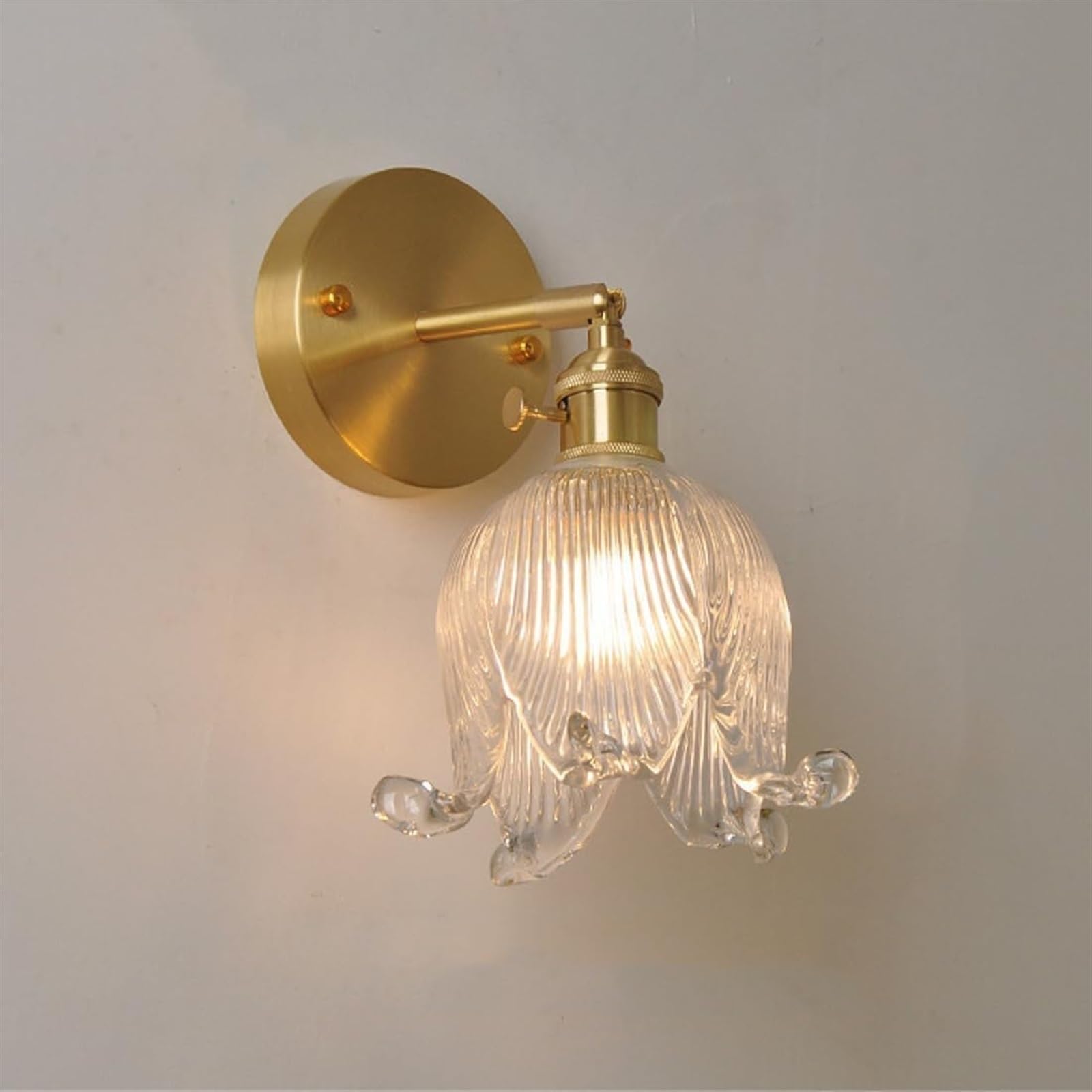HPTHLY Gold Flower Wall Sconce Farmhouse Vintage Wall Sconce With Tulips Amber Glass Wall Light Clear Purple Glass Bedroom Wall Wall Mounted Lamp For Bathroom Living (Clear)