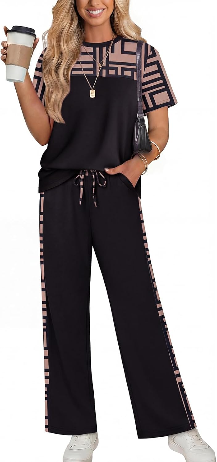 WIHOLL Two Piece Sets for Women Summer Lounge Matching Sets Clothing Beach Vacation Travel Spring Outfits Wide Leg Pants Set