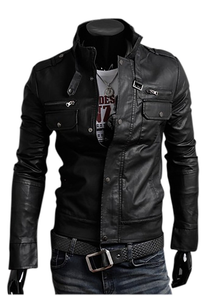Sulandy@ Men's Stand Collar Multi Pocket Faux Pu Leather Motorcycle Jacket Slim Short Style