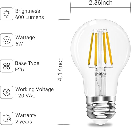Miniatura 4 de Bombilla LED Edison A19 E26 con base regulable, 4 W (equivalente a 40 vatios) 3000 K blanco cálido suave, bombilla de filamento LED de vidrio