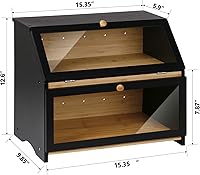 Vista 5 de HOMEKOKO Panera grande de doble capa para encimera de cocina, contenedor de almacenamiento de pan de madera de gran capacidad (negro)