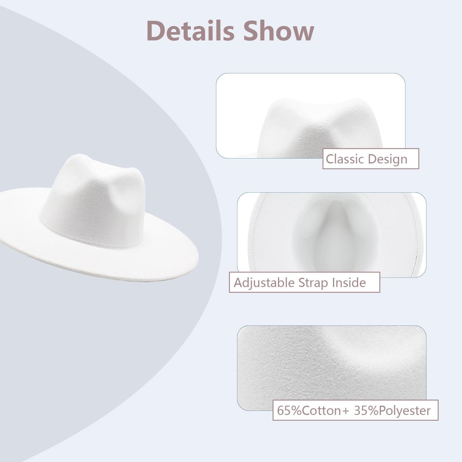 Happyupcity Sombrero Fedora de fieltro de ala ancha grande para mujeres y hombres, ajustable, clásico, sombrero de Panamá, sombrero Trilby, blanco, Talla única