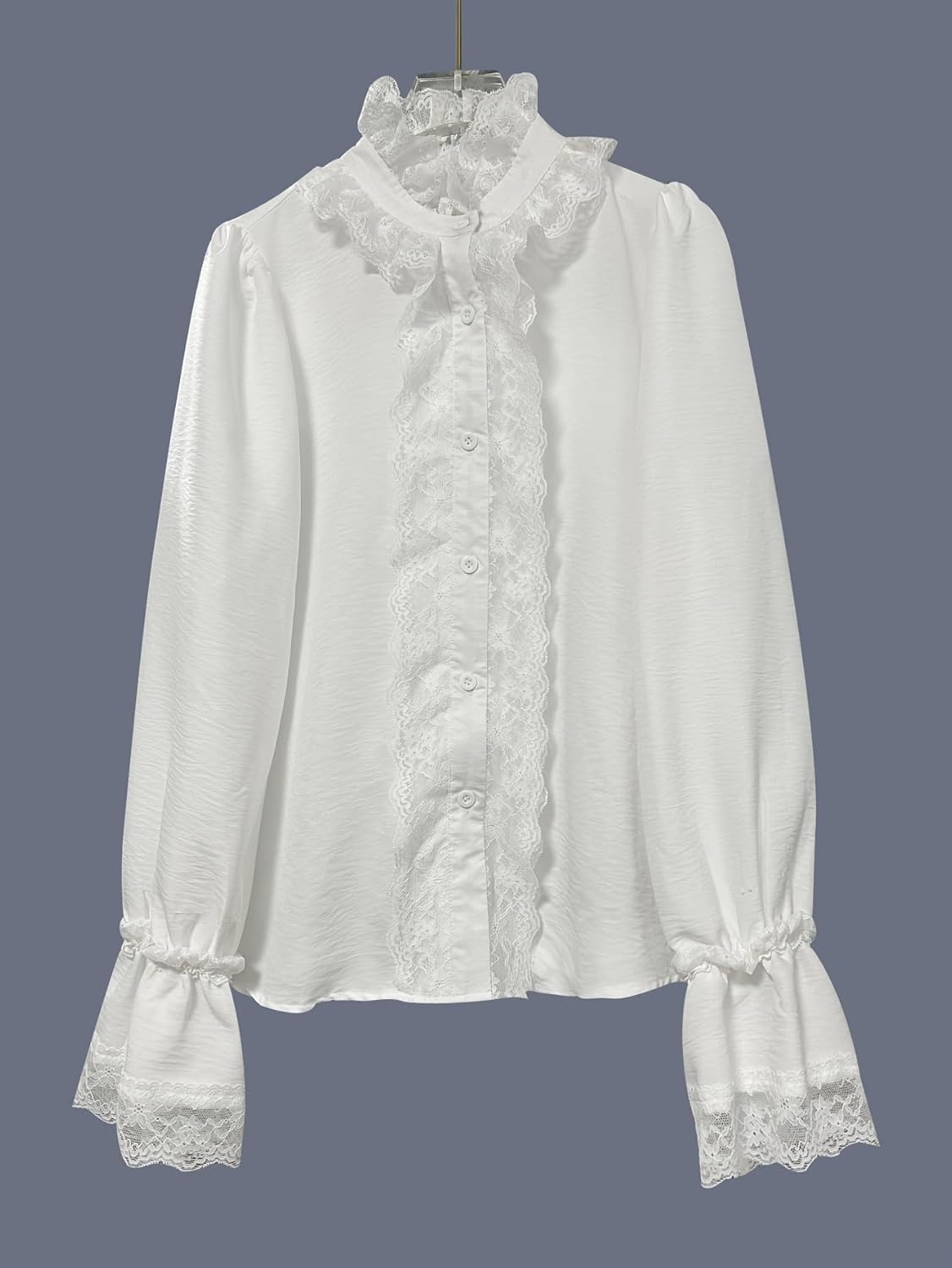Boho Ruffle Lace Blouse for Women White V Neck Long Bell Sleeve Button Front Casual Chic Top - Image 6