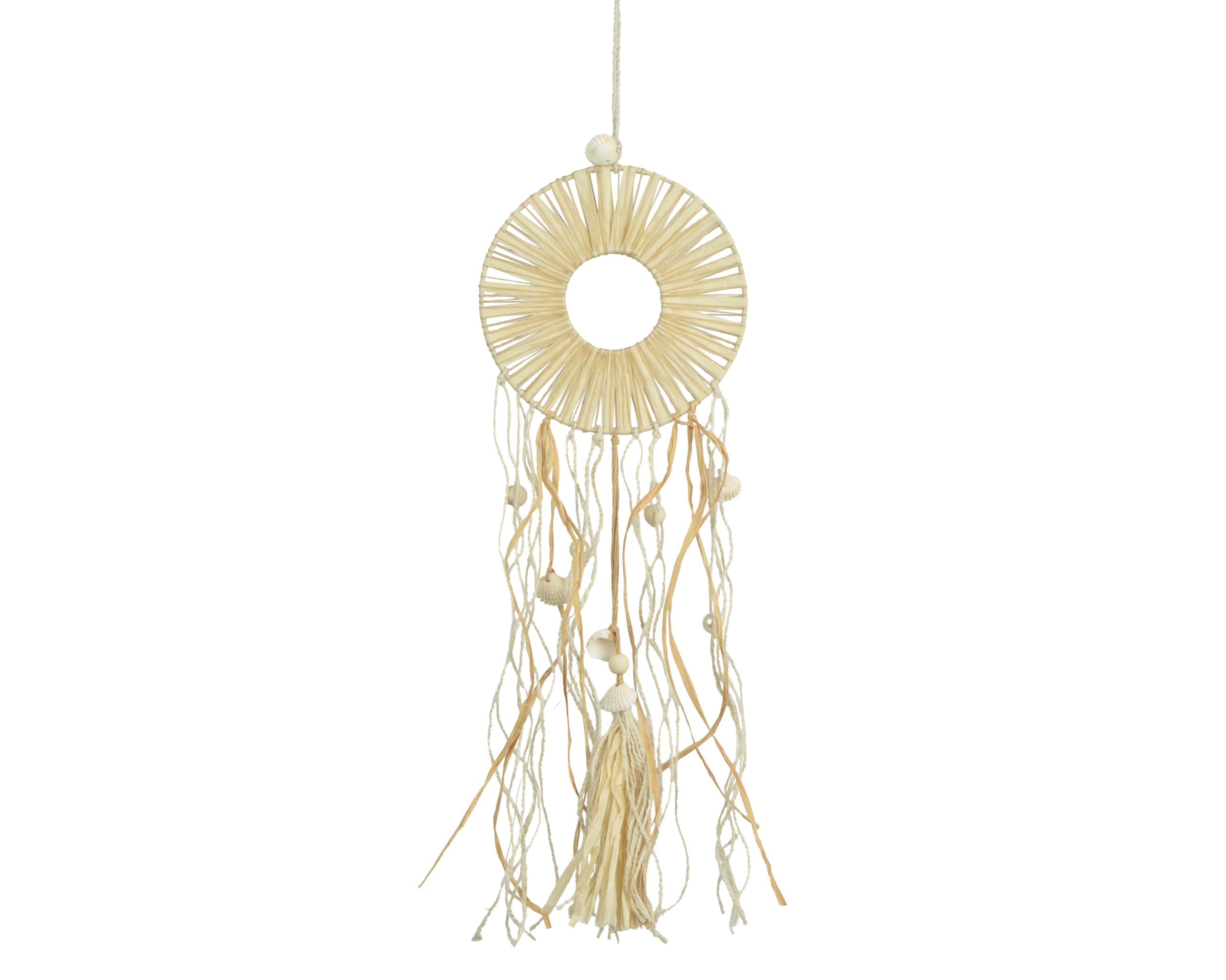 Traumfänger aus Stroh mit Muscheln 51x17cm - Naturdeko Windspiel für Fenster Wohnzimmer Schlafzimmer Wohnbereich - Indoor Hängedeko Mobile - Natur Beige