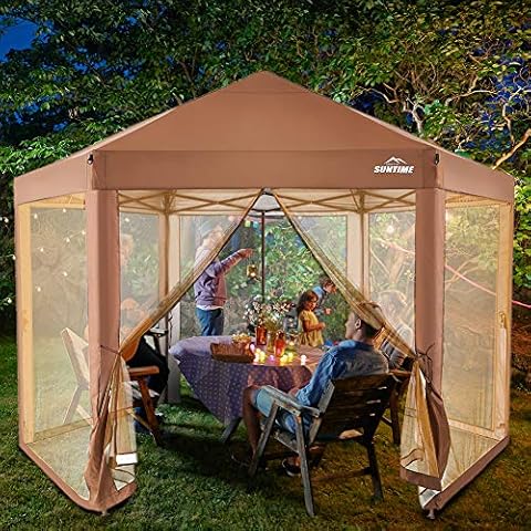 OUTDOOR LIVING SUNTIME Outdoor Patio Hexagon Gazebo, Pop Up Instant Canopy, Garden Backyard Party Tent Gazebo with Sidewalls(6.6' x 9.2'), Coffee Brown Cover