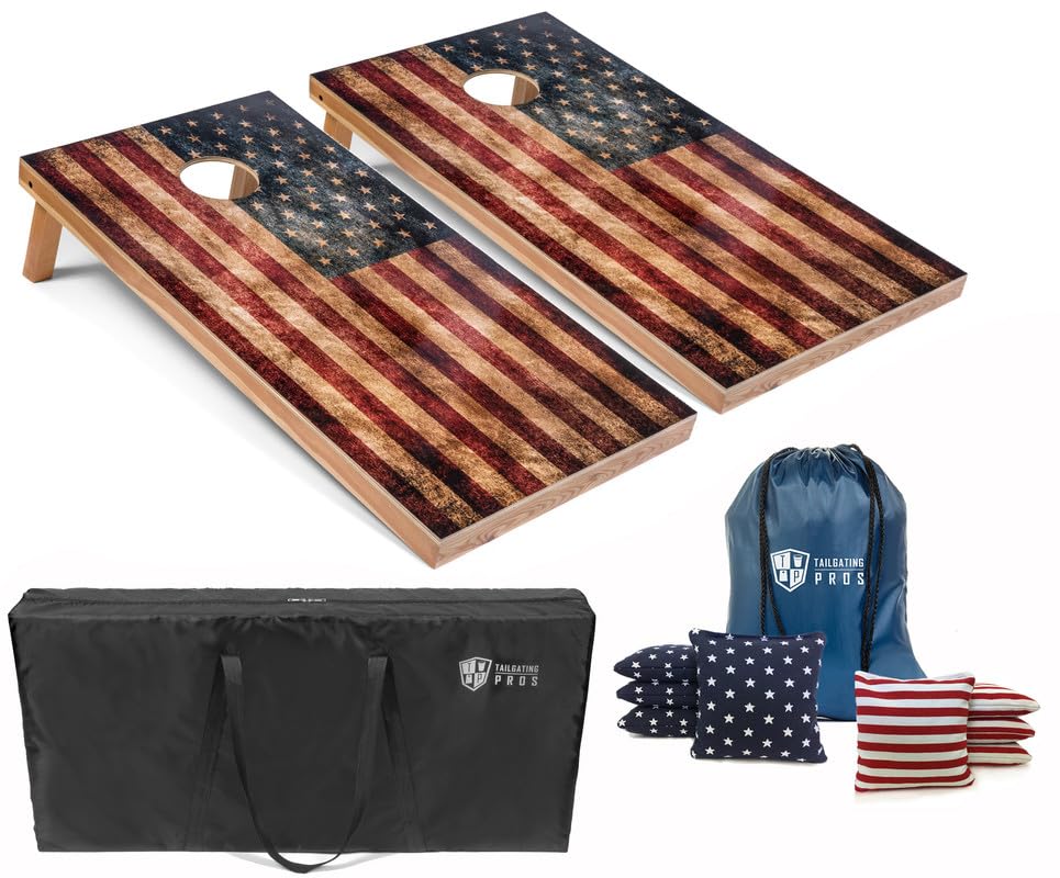 Tailgating Pros Regulation Cornhole Boards Flag Set - includes 8 Bean Bags, Carrying Cases, and 4'x2' Corn Hole Toss Game