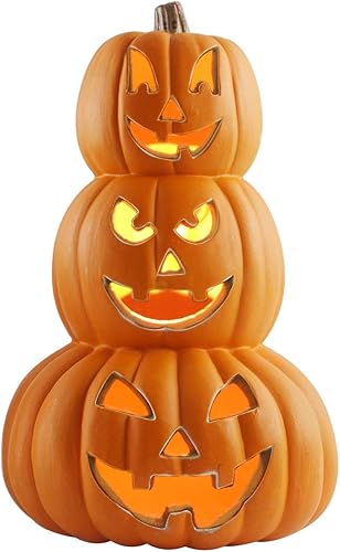 Miniatura 9 de Farol de Halloween, calabaza iluminada con foco LED que funciona con pilas, decoración de calabaza para interiores y exteriores, 10pulgadas