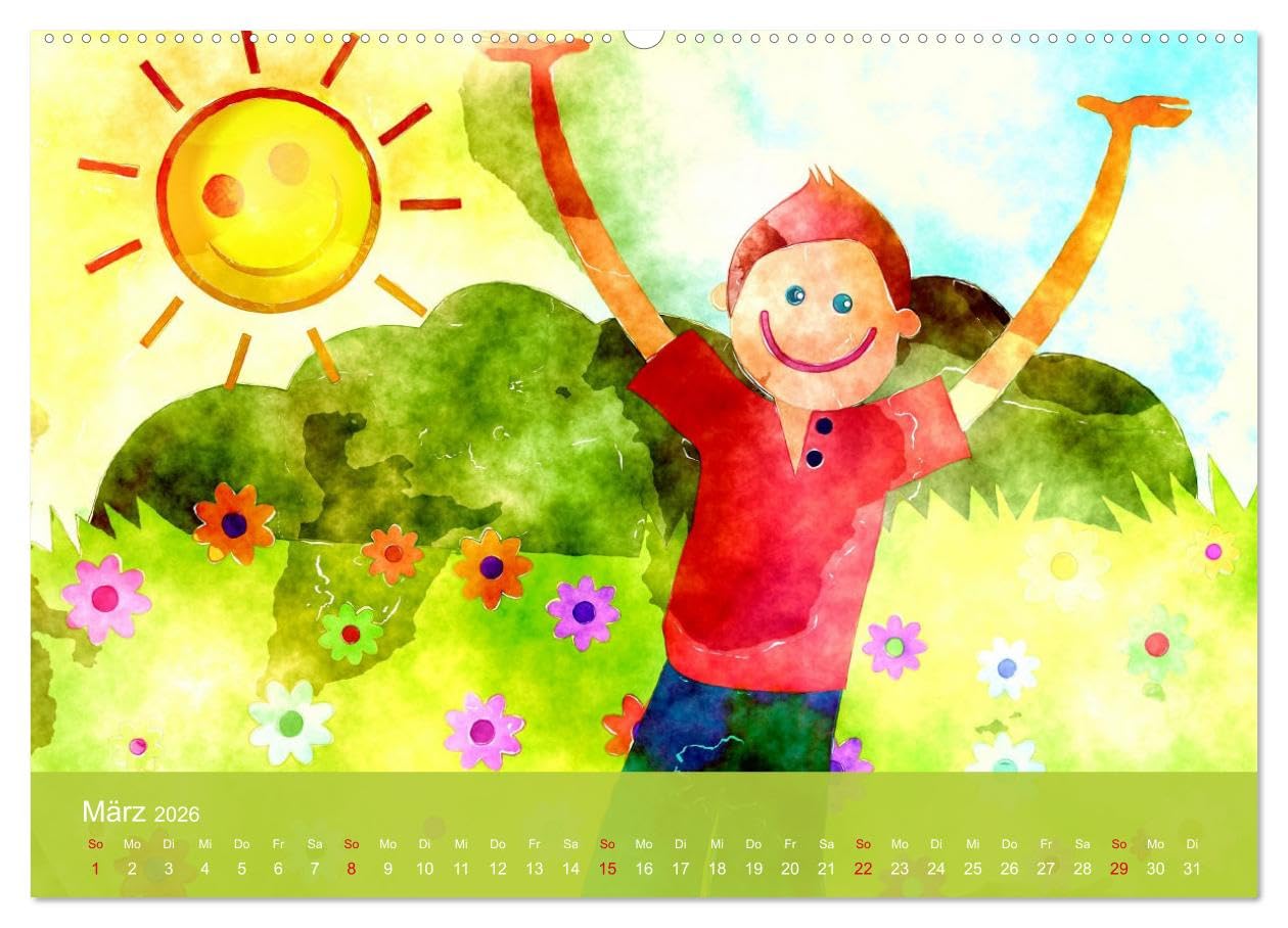 Glückliche Kindheit. Duftiger Aquarell Kinderkalender (Wandkalender 2026 DIN A2 quer), CALVENDO Monatskalender: Sonniger Aquarellkalender für glückliche Kinder und Familien (CALVENDO Kunst)